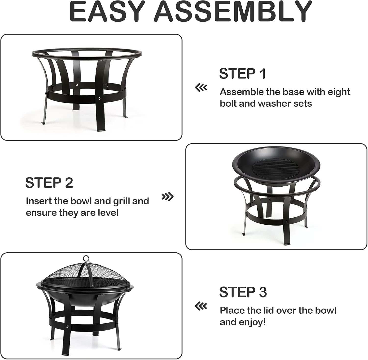 Generic 22InFire Pit Bowl Wood Burning with Protective Grille & Poker Multifunctional for Heating/BBQ Garden Patio Fire Pot,Portable BBQ Grill for Camping Beach Bonfire Picnic Garden, black