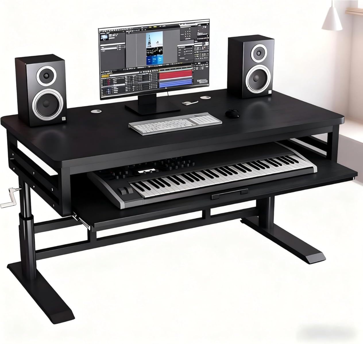 Studio Desk with Keyboard Tray | Hand-Crank Adjustable Standing Desk Workstation for Music Production, Cable Management, MIDI Keyboard Shelf (Black, 47in)