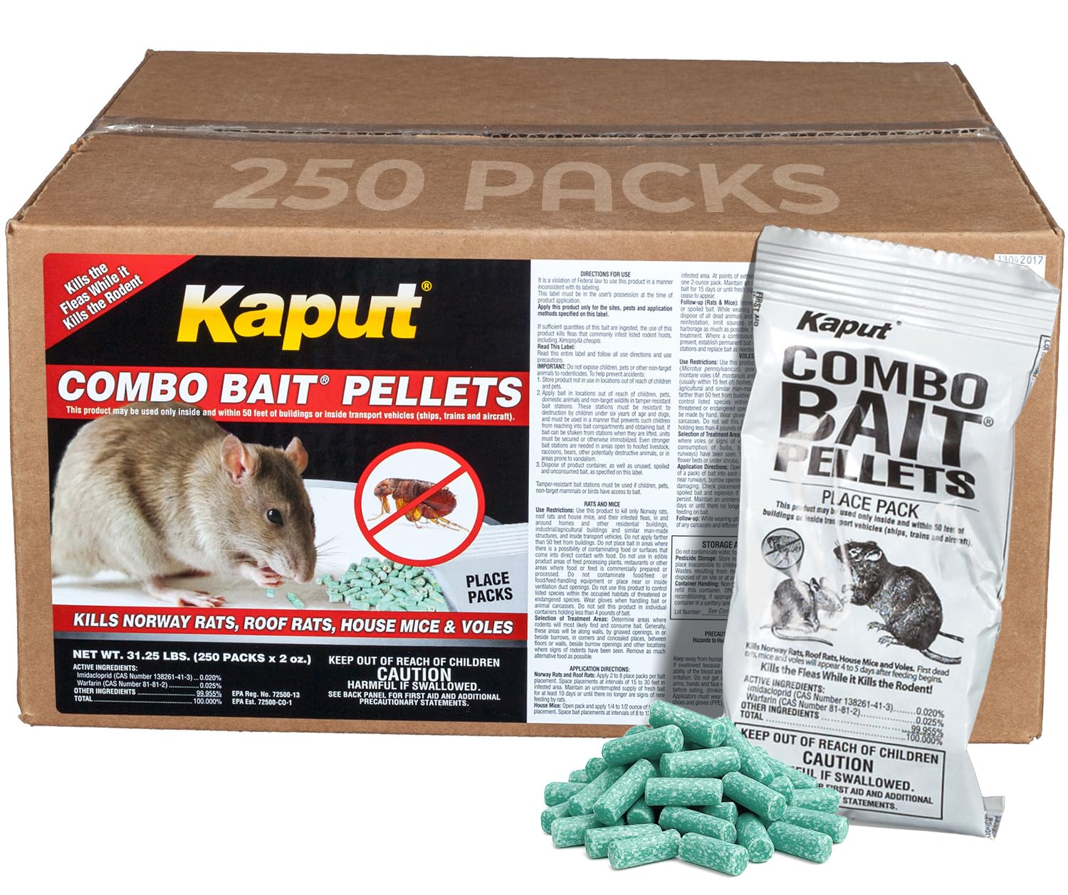 Kaput Combo Bait Pellets, Rat Bait to Kill Rodents & Fleas, Norway, House Mice, & Pine Voles - Includes Warfarin & Imidacloprid for Effective Pest Control (250 x 2oz Place Packs)