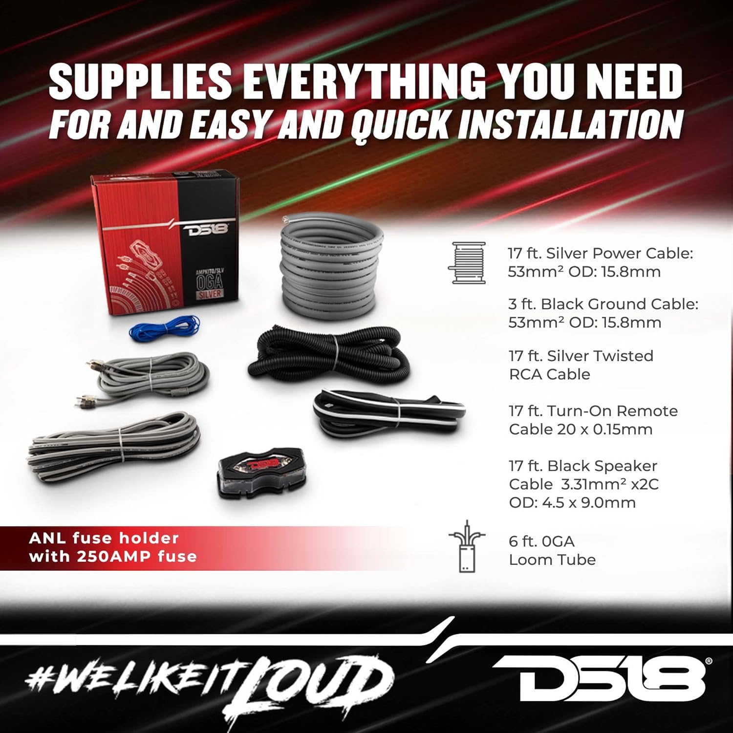 DS18 AMPKIT0/SLV - 0-GA CCA Complete Package Installation Cable Kit for Car Audio Amplifiers Silver