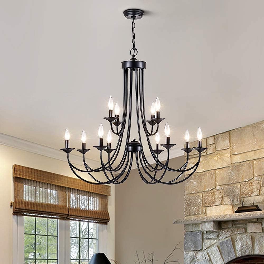 Maxax Farmhouse Candle Chandelier 12 Lights Rustic Industrial Wrought Iron Pendant Light Metal 2-Tier French Country Hanging Fixtures for Foyer Kitchen Island Living Room, Black