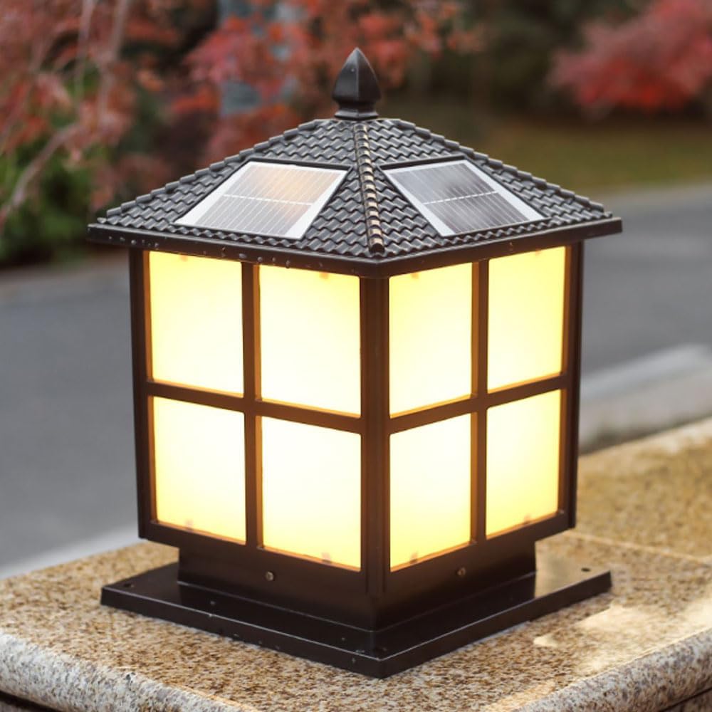 RCIDOS IP54 Waterproof Column Lamp Vintage Solar Landscape Lamp European Style Outdoor Lawn Garden Pillar Head Light Aluminum Rust-Proof Street Lighting Fixtures for Driveway, Backyard, Patio, Garden