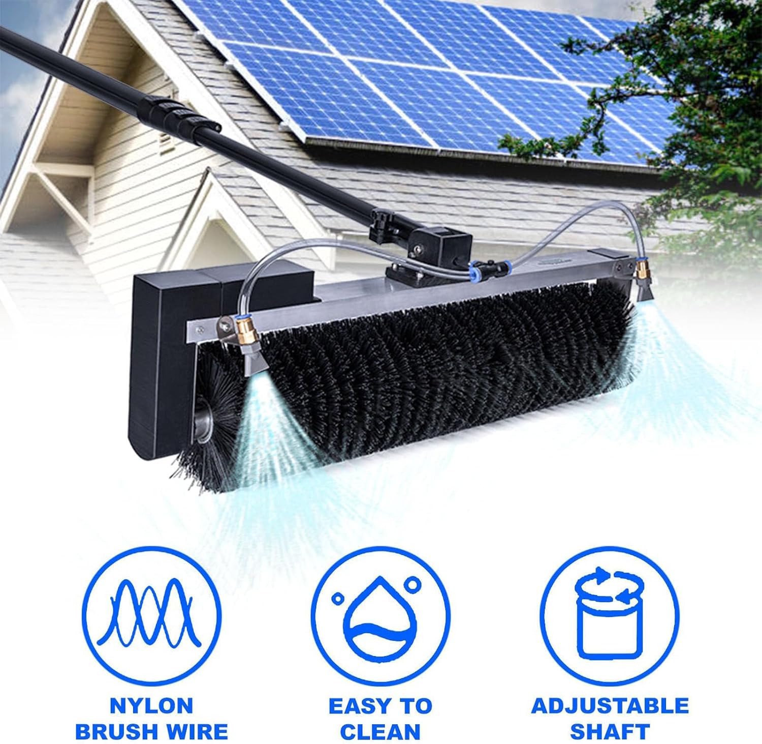 24.6 Ft Photovoltaic Panel Electric Cleaning Brush - 600 mm Cleaning Width,Lightweight Telescopic Aluminum Rod,Automatic Water Supply