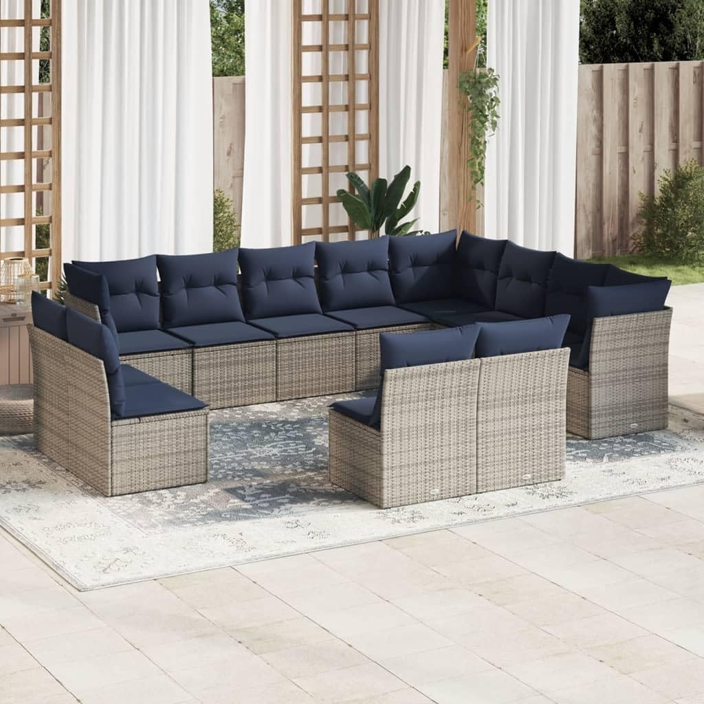 12 Piece Patio Sofa Set with Cushions, Gray Poly Rattan Outdoor Furniture, Modular Garden Seating for Backyard Balcony, UV-Proof