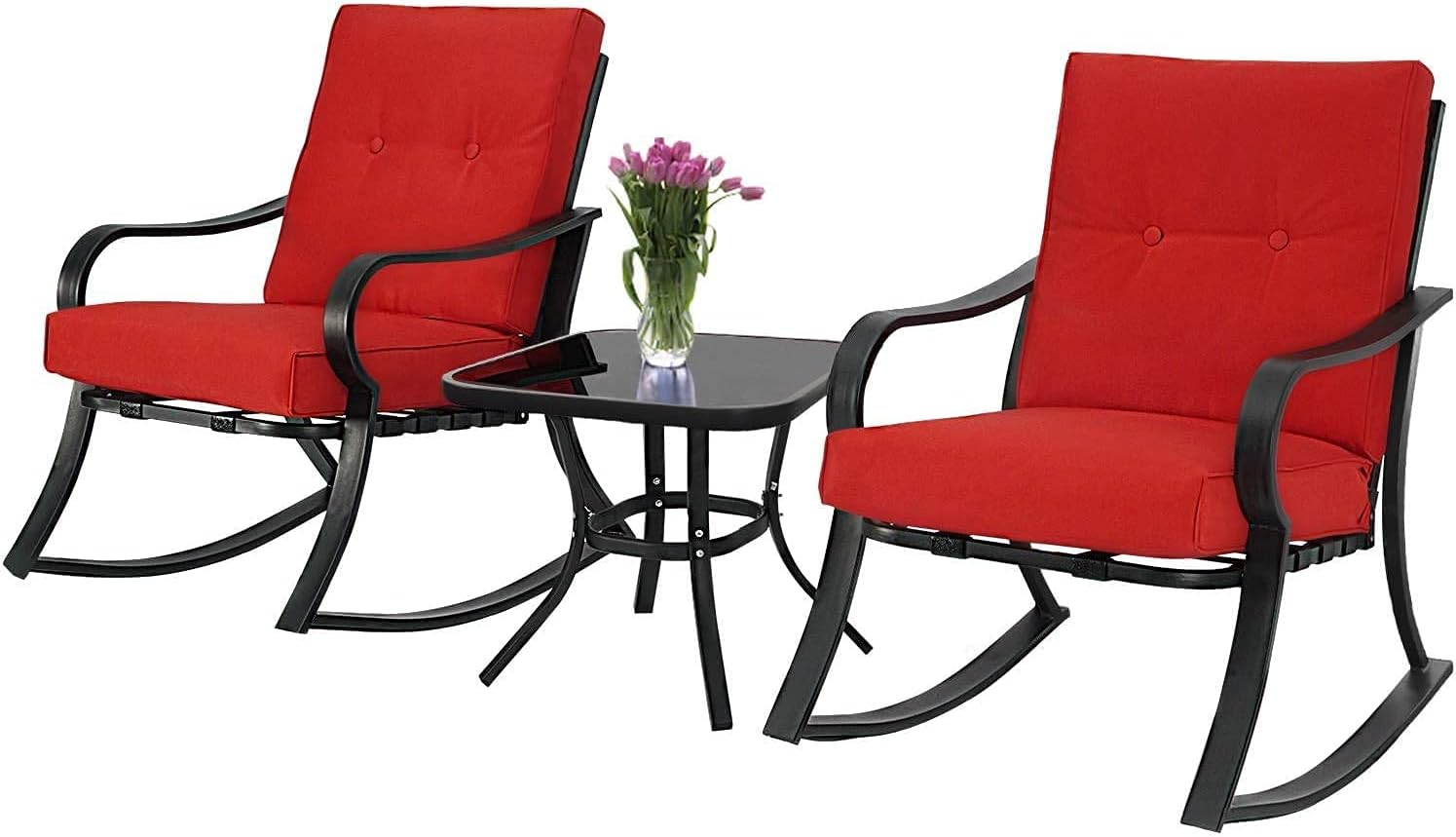 Betterland Outdoor 3-Piece Rocking Chairs Patio Bistro Sets, Glass-Top Coffee Table & Black Metal ​Patio Furniture with Thickened Cushions (Red)