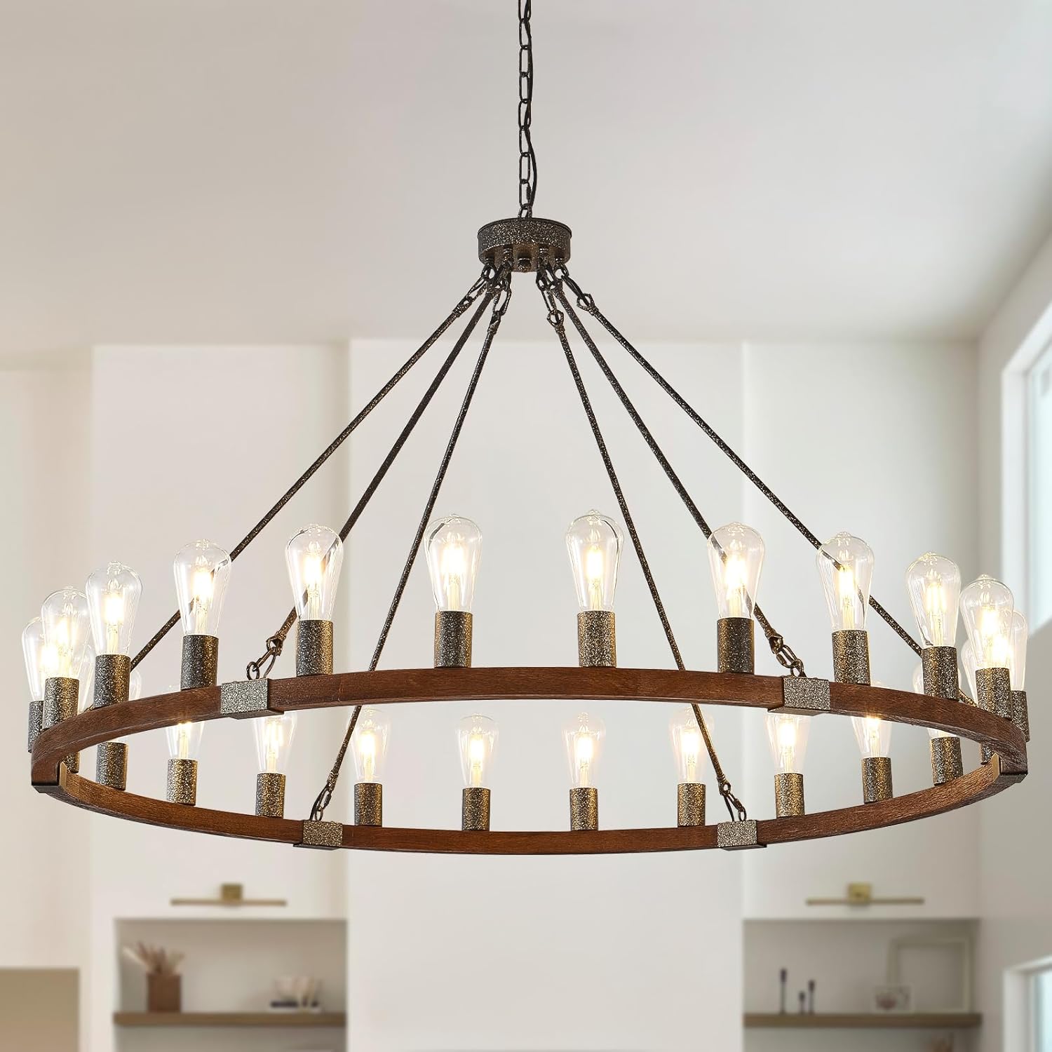 HHR Wood Wagon Wheel Chandelier 48'' Farmhouse High Ceiling Chandelier 24 Light Round Foyer Light Fixture for Living Room Dining Room Entryway Foyer