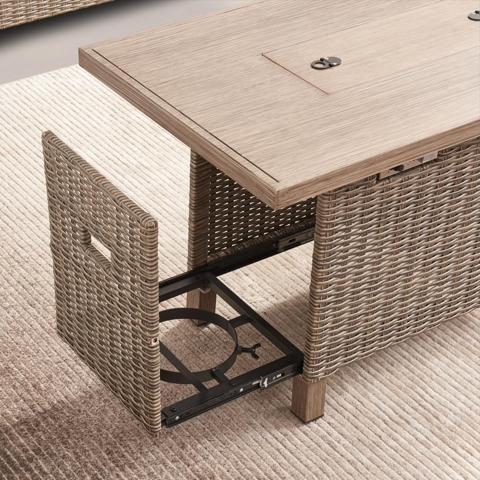 Fire Tables, Outdoor Fireplaces, 50,000 BTU Steel Gas Fire Pit Table with Lid, Glass Wind Guard and Blue Rock, Rectangle Rattan Coffee Table for Patio Deck Garden, CSA Certified