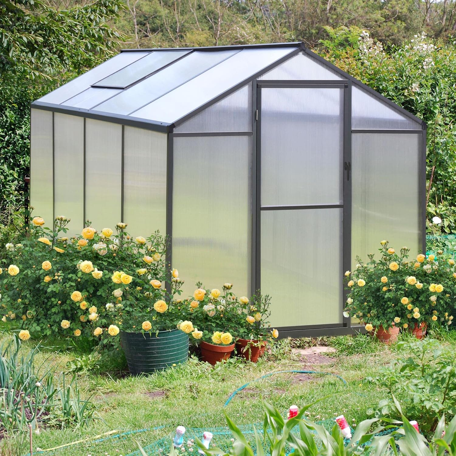 VEIKOU 8'x6' Heavy-Duty Polycarbonate Aluminum Greenhouse Kit with Door and Adjustable Roof Vent for Outdoor, Garden