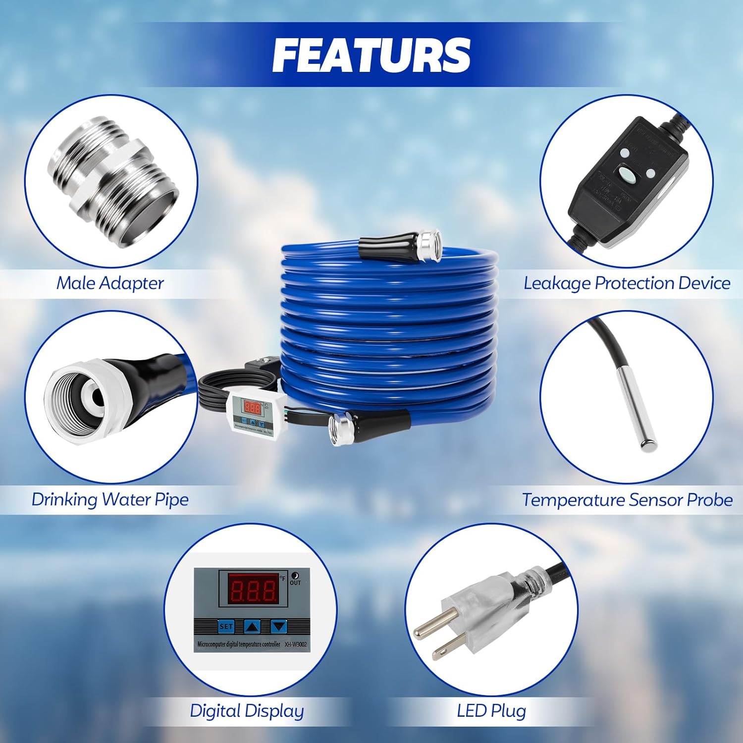 50 FT Heated Water Hose for RV, Heated RV Freshwater Hoses with Fittings, -45 ℉ Antifreeze Drinking Water Pipe, Automatic temperature shut-off for electrically heated Garden hoses, RV Accessories