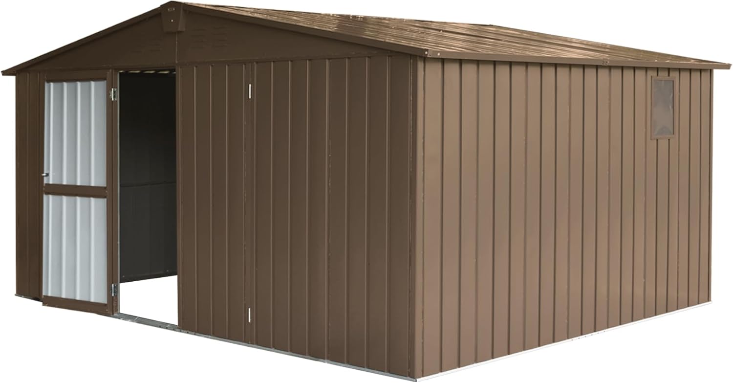 11 x 12.5 FT Outdoor Storage Shed, Lockable Metal Garden Shed with Windows, Tool Shed Tiny House Vertical Outside Storage Building for Backyard, Lawn, Patio, Brown