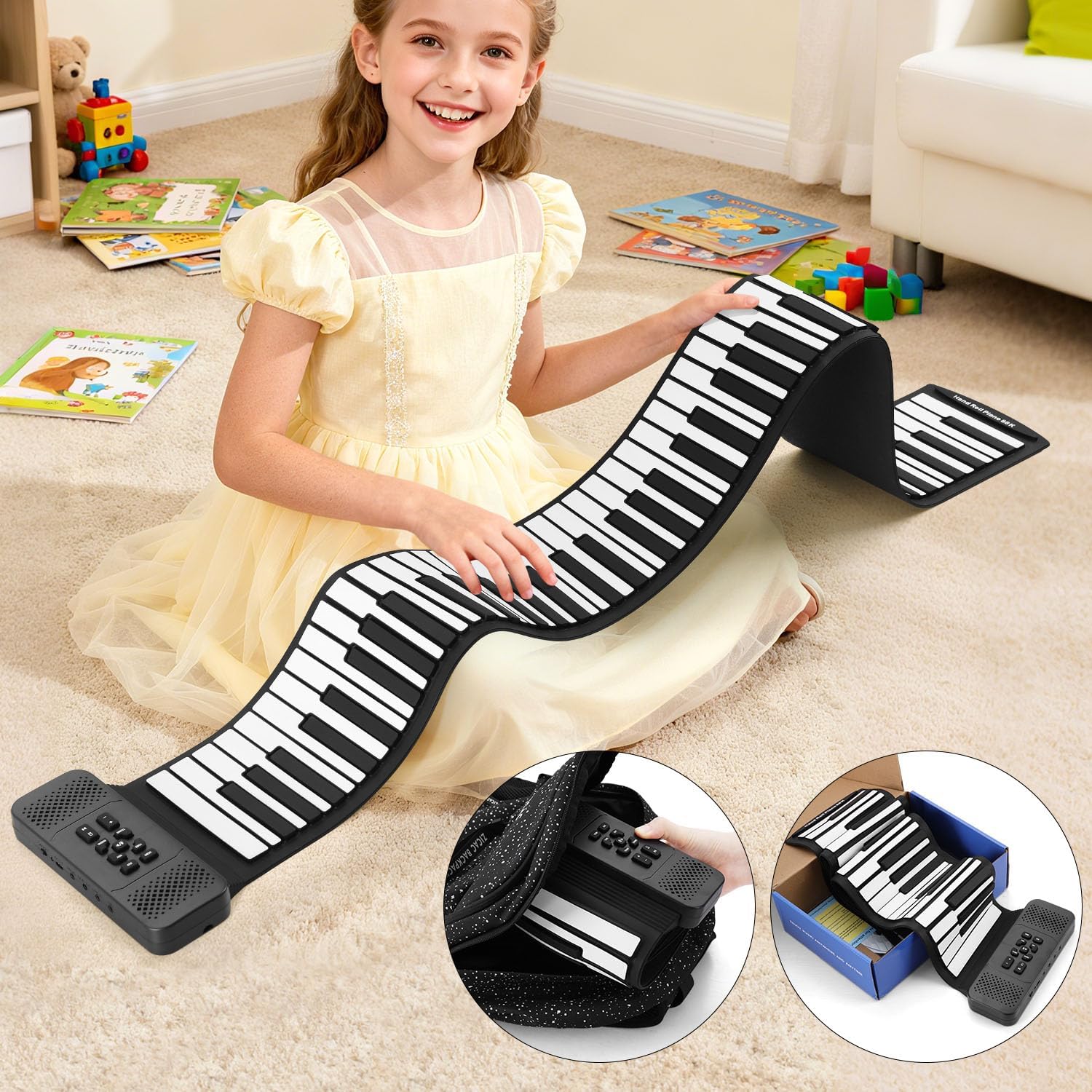 Roll Up Piano, Portable Silicone Keyboard Perfect for Beginners, Safe Material, Headphone Jack for Quiet Practice, 16 Tones & Record Function, Foldable for Travel (Black) (Black-88Keys)