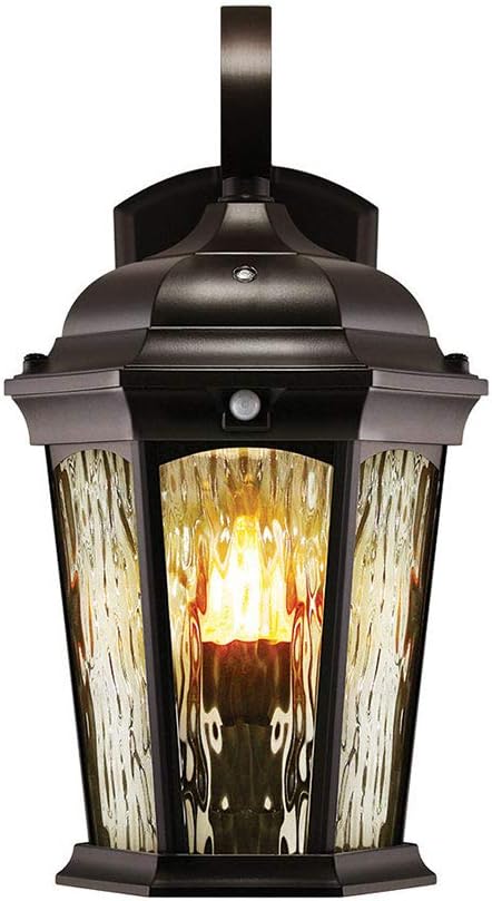 Euri Lighting EFL-130W-MD Flickering Flame Porch Light, Water Glass, with Integrated Security Light (3000K), Motion-Sensor, Dusk-to-Dawn, Oil Rubbed Bronze Housing