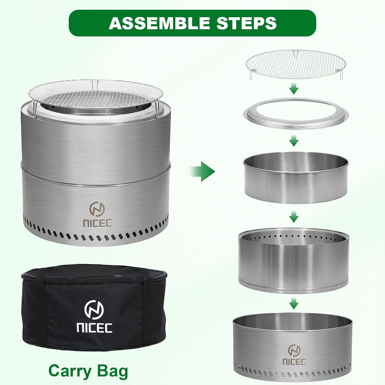 Nice C Fire Pits, 19.1 Inch Smokeless Fire Pits, Portable Fire Pit, Outdoor Fire Pit, Tabletop Fire Pit, Wood Buring Fireplaces, Stainless Steel, with Grill Grate, Removable Ash Tray & Carry Bag