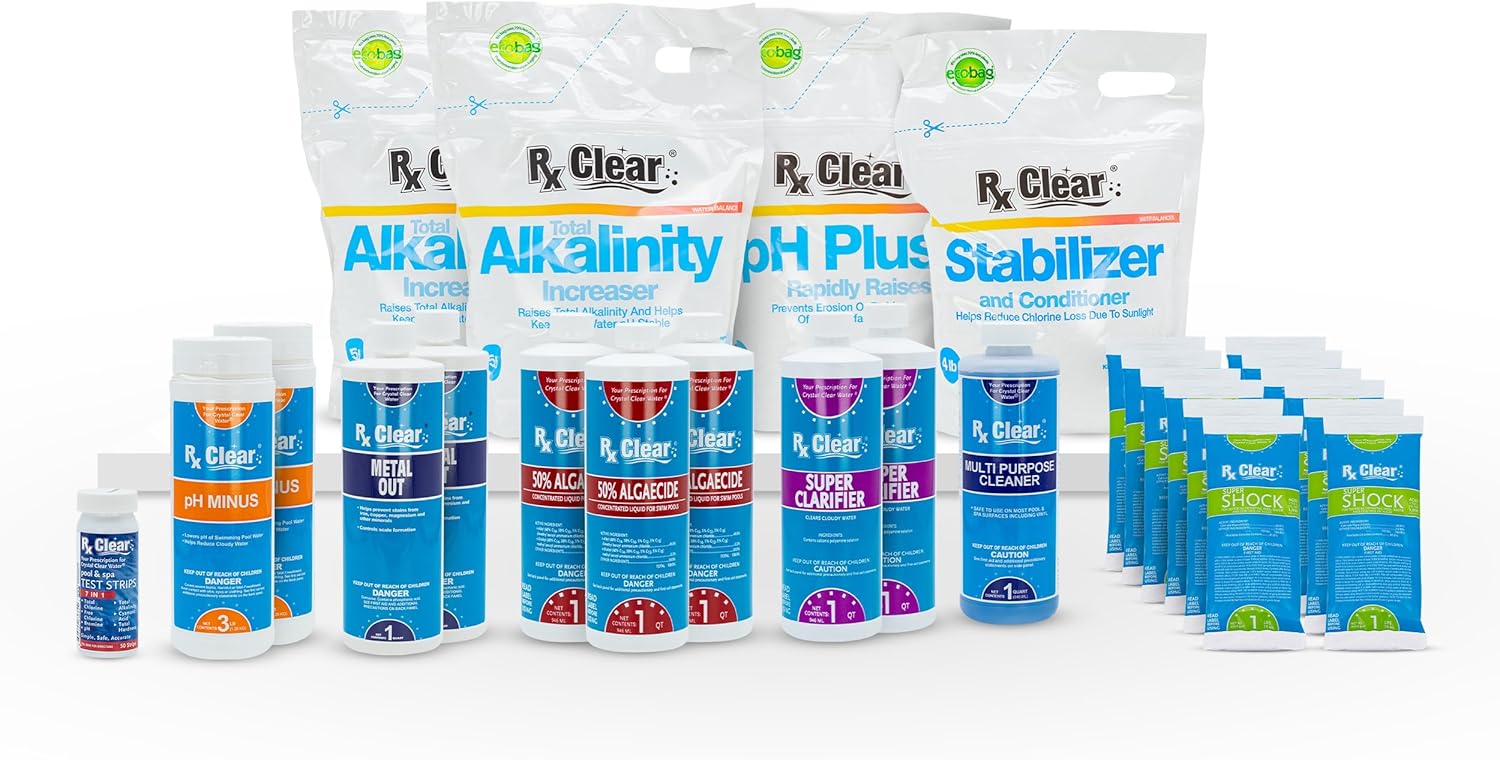 Rx Clear Deluxe Spring Chemical Opening Pool Cleaning Kit | for Swimming Pools Up to 30,000 Gallons | Includes Shock, Clarifier, pH Minus, Algaecide and More | Keep Your Pool Clean and Clear