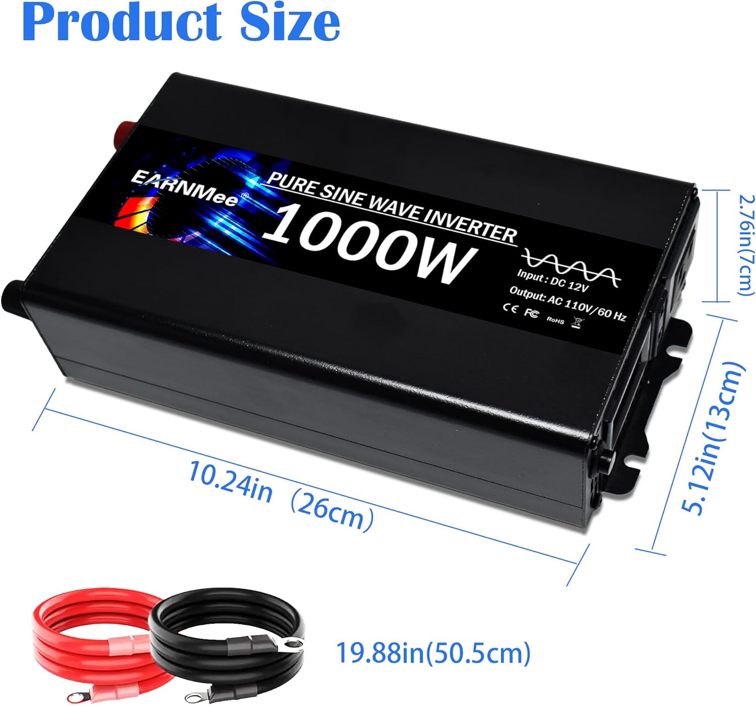 Pure Sine Wave Inverter,1000W Solar Inverter,12v to 110v Car Power Inverters 12v to 120v with Dual AC Socket Intelligent LCD 2000W Peak Power