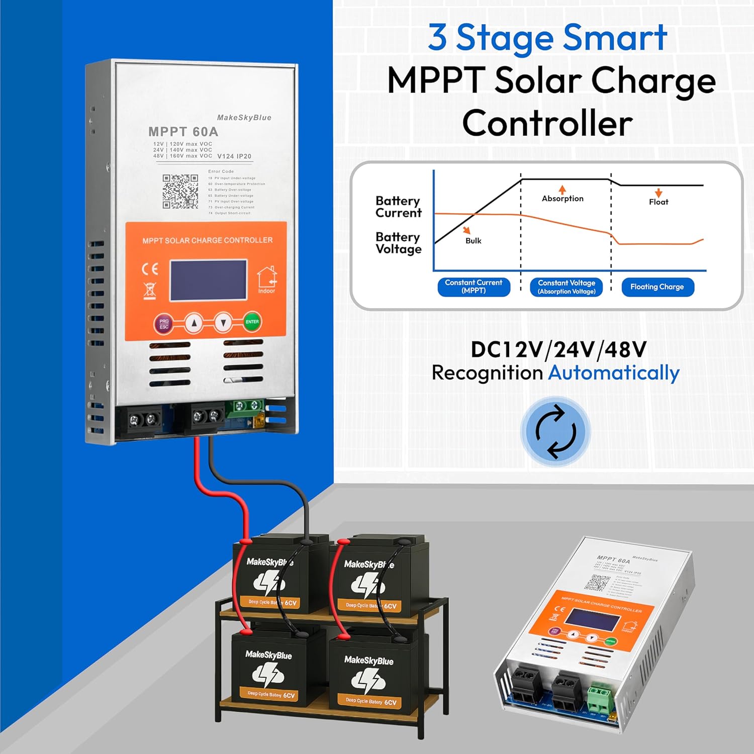 60A MPPT Solar Charge Controller V124 with CloudBOX, Auto 12V/24V/48V Max 160VDC Input,Supports Lead-Acid & Lithium Batteries