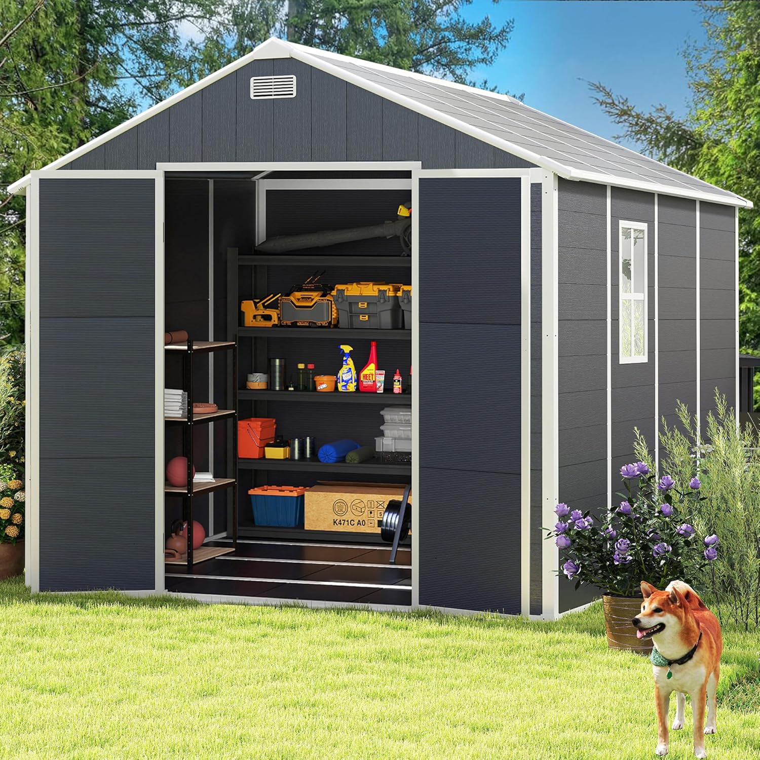 8x8 FT Resin Storage shed, Outdoor Storage Sheds with Floor, Window, Lockable Doors and Vents, 12mm Thick pp Board, Large Storage Space Tool Shed for Lawn, Backyard, Patio (Dark Gray, 8 * 8ft)