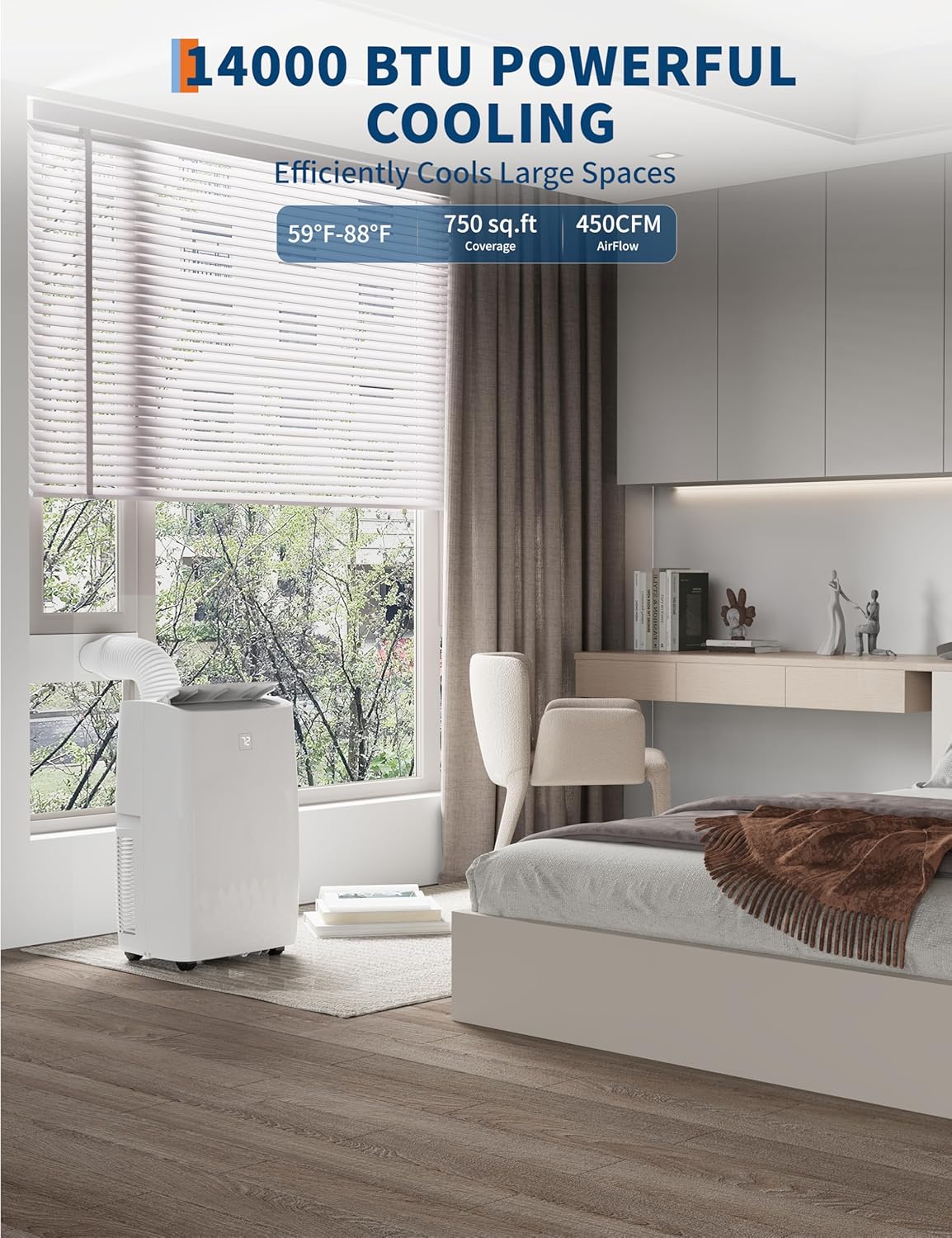 14,000 BTU Portable Air Conditioners,3 in-1 Portable AC Unit with Cools/Fan/Dehumidifier,Room Air Conditioners up to 750 sq.ft,Remote Control,24H Timer,for Room Office Garage Car