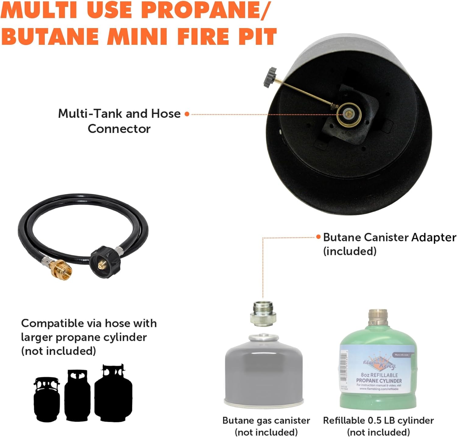 Bundle of Flame King Mini Tabletop Fire Pit, Dual Fuel Propane and Butane, Smokeless Odorless Flame + 4-Feet Propane Adapter Hose Connects 1LB Appliance to 20LB Propane Tank