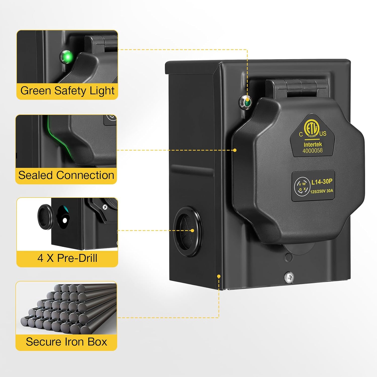 50FT 30 Amp Generator Cord with Pre-Drilled Power Inlet Box,Heavy Duty Generator Power Cord 4 Prong,125/250V,NEMAL14-30P/14-30R,Waterproof,ETL Listed,Home/RV Power Supply