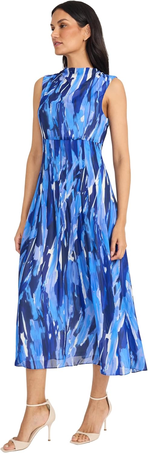 Maggy London Womens Women's Empire Waist Mock Neck Sleeveless Midi - Flowy Semi Sheer Lined A-line Wedding Guest Dress