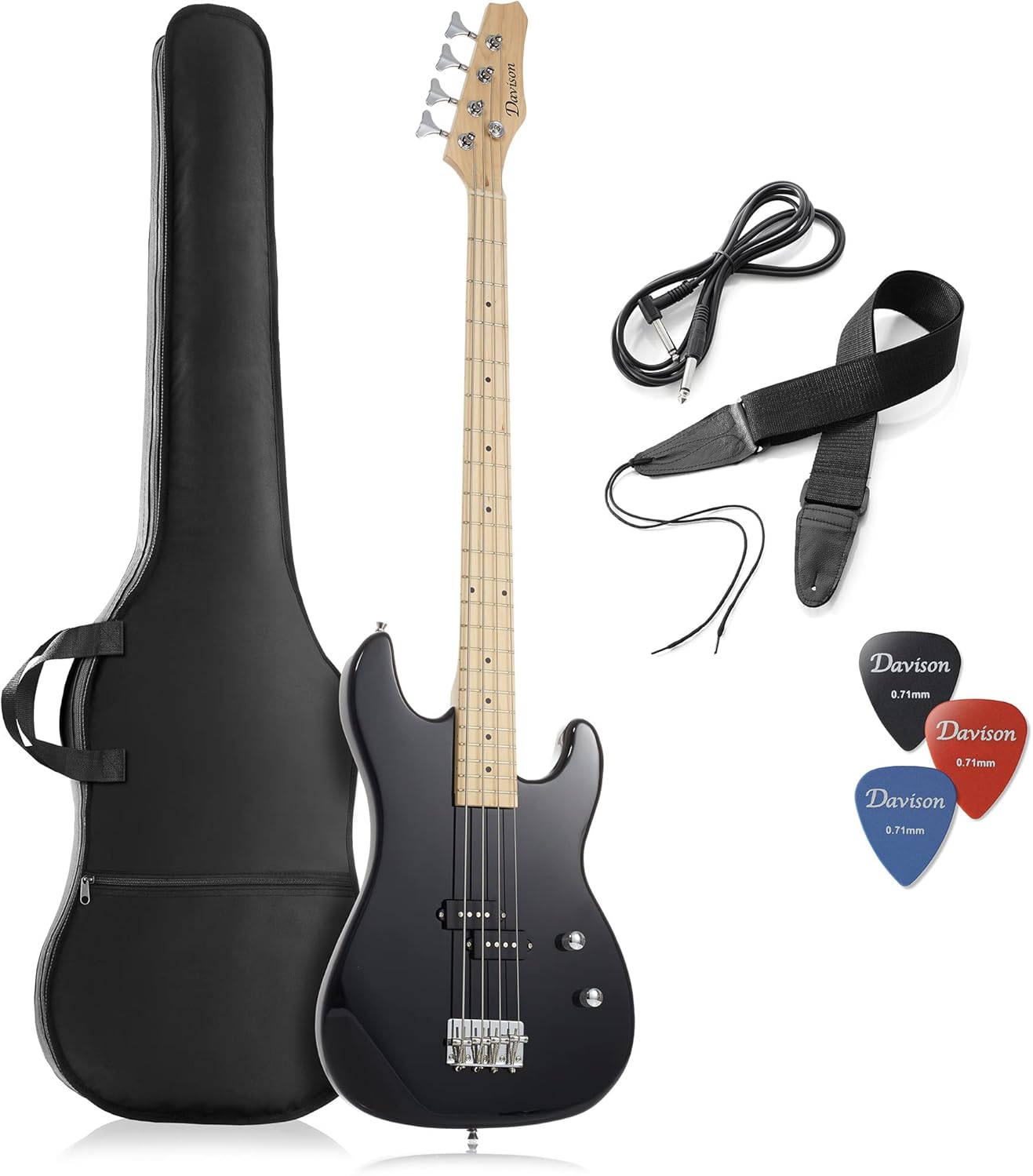Davison Guitars Guitars 4 String Electric Bass Guitar, Black - Full Size Right Handed Beginner Kit with Gig Bag and Accessories