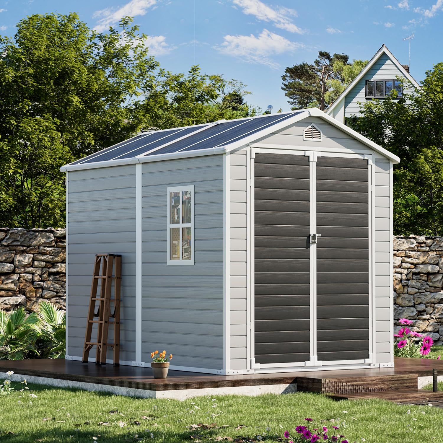 CDCASA 8x6 FT Resin Storage Shed, Large Waterproof Outdoor Sheds with Floor & Lockable Door & Vents, Plastic Tool Shed for Backyard, Patio, Poolside, Cabinet, Dove Grey