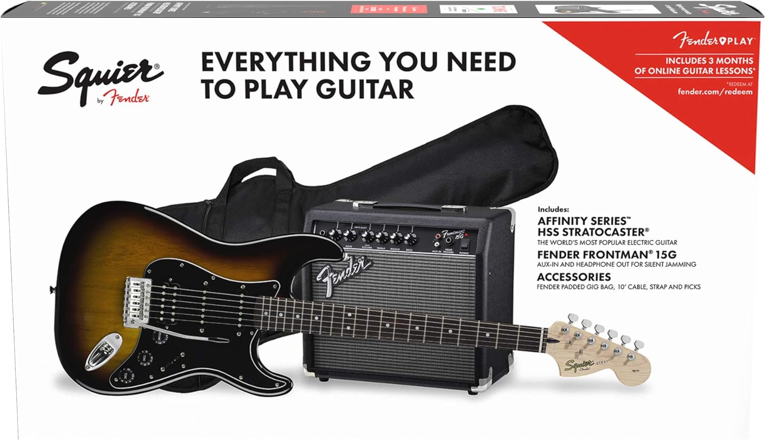 Squier by Fender Affinity Stratocaster HSS Beginner Electric Guitar Pack with Gig Bag, Amp, Strap, Cable, Picks, and Fender Play Subscription - Brown Sunburst (371824032)