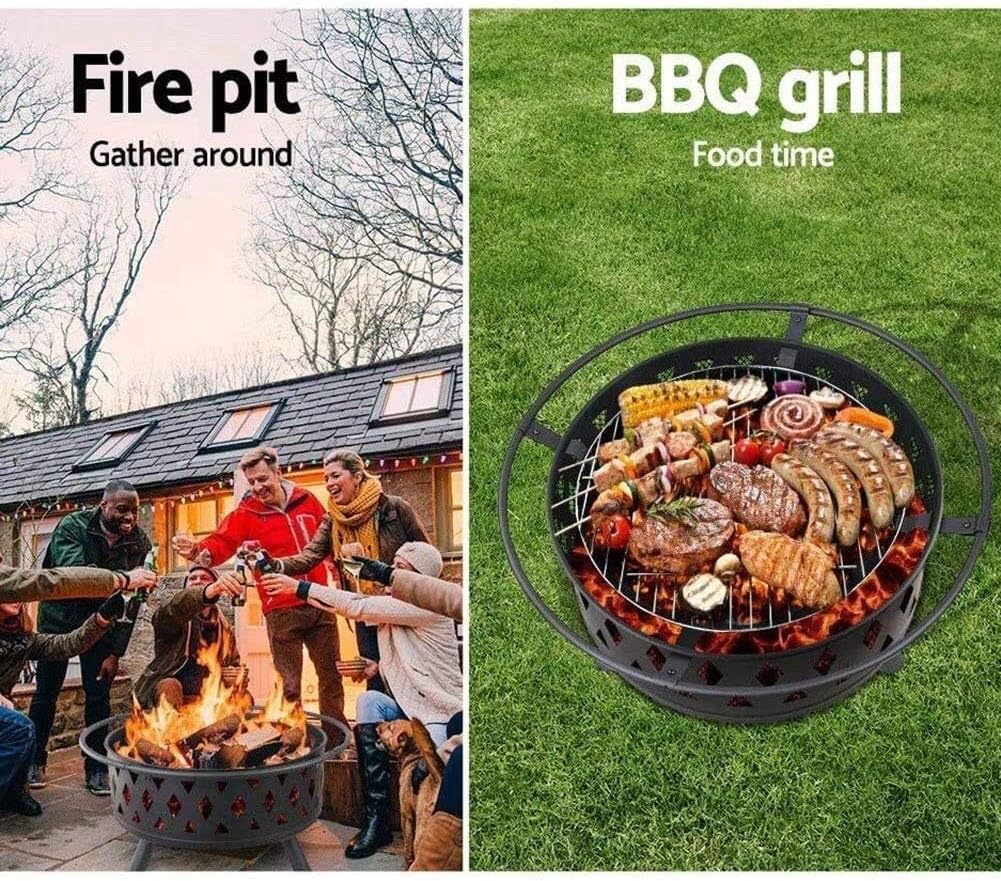 Fire Pits Outdoor Wood Burning Firepits for Outside, Fire Pit with BBQ Grill Shelf Outdoor Metal Brazier Star Moon Shape Garden Patio Heater with Cover BBQ Cooking for Outside Camping Backyar