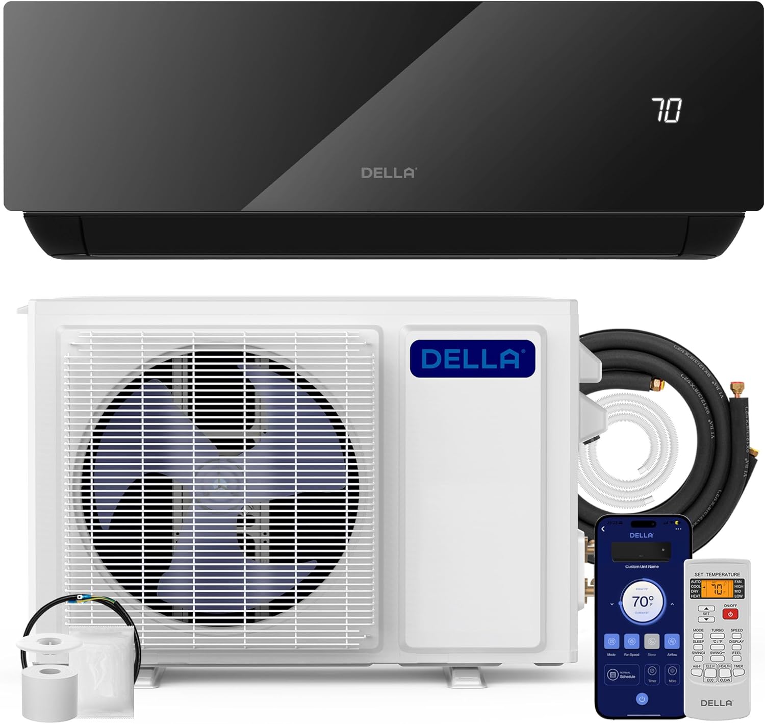 DELLA Umbra Series 9000 BTU Wifi Mini Split AC Works with Alexa 19 SEER2 Cools Up to 450 Sq.Ft with Heat Pump Pre-Charged Energy Saving Ductless Inverter System
