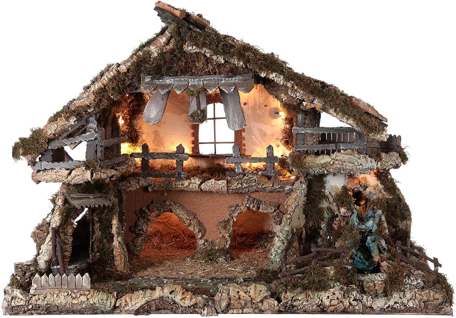 Nativity Village, Stable with Waterfall and fire Pit 78x110x66cm, EmptyWidth: 110 cm|Height: 78 cm|Depth: 66 cm