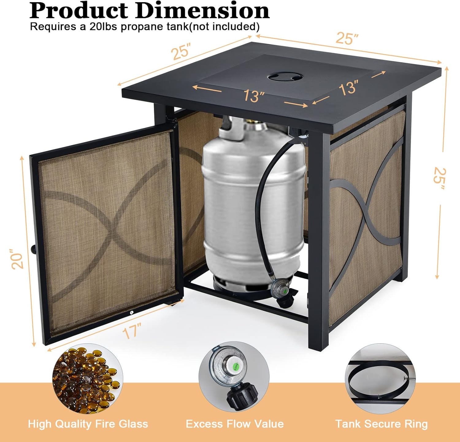 Tangkula 25-Inch Propane Fire Pit Table, Patiojoy 40,000 BTU Auto Ignition Gas Fire Table with Removable Lid, Fire Glass, Adjustable Flame, Suitable for Patio, Balcony, Garden, Poolside