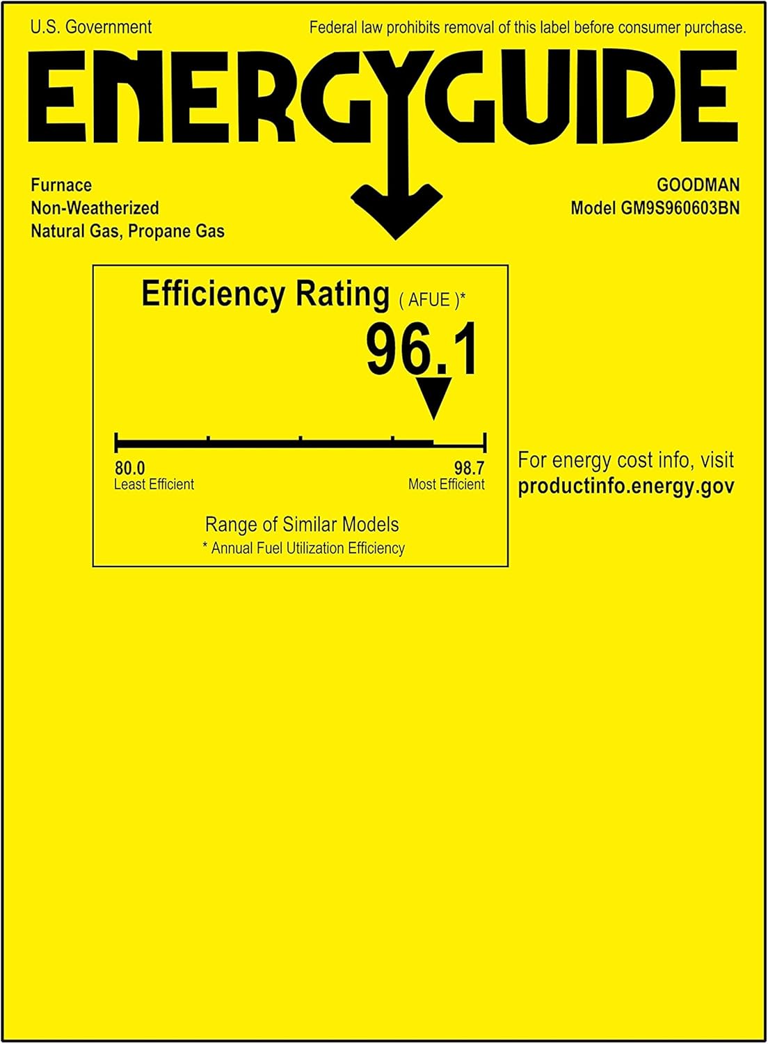 Goodman 96% AFUE, 60,000 BTU/h Capacity, Upflow/Horizontal Configuration, Single-Stage Natural Gas Furnace with Nine-Speed ECM Blower Motor GM9S960603BN - Includes Thermostat