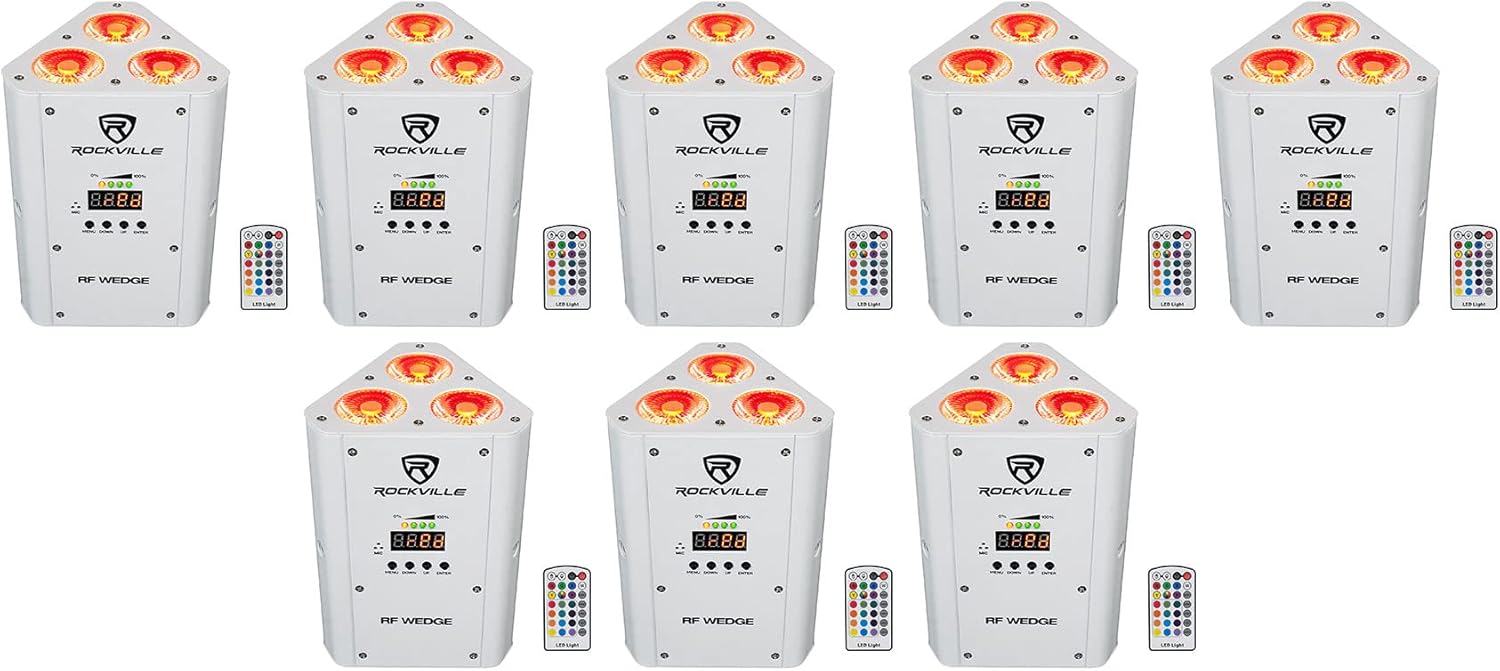 Rockville RF Wedge White 54-Watt RGBWA and UV Battery Wireless DMX Par Up Light, RF Remote, 7800 mAh Rechargeable, 6500 lux at 1 m, for DJ uplighting and Events, 8-Piece