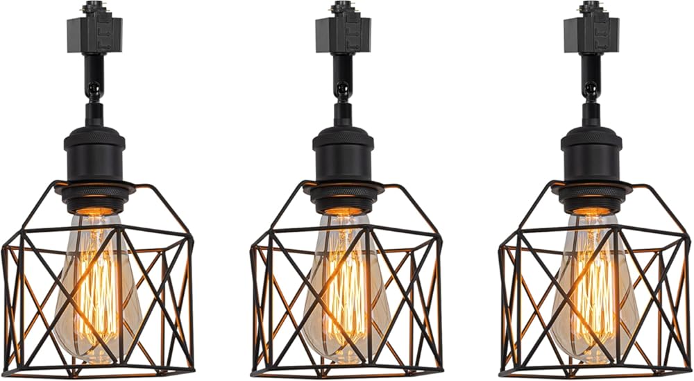 Set of Three Retro Design Adjusted Angle H-Type Track Head Lighting E26 Matt Black Base Black Hollow Cage Tracking Light Fixture for Gallery Mirror Front Office Kitchen(No Bulb & Track)