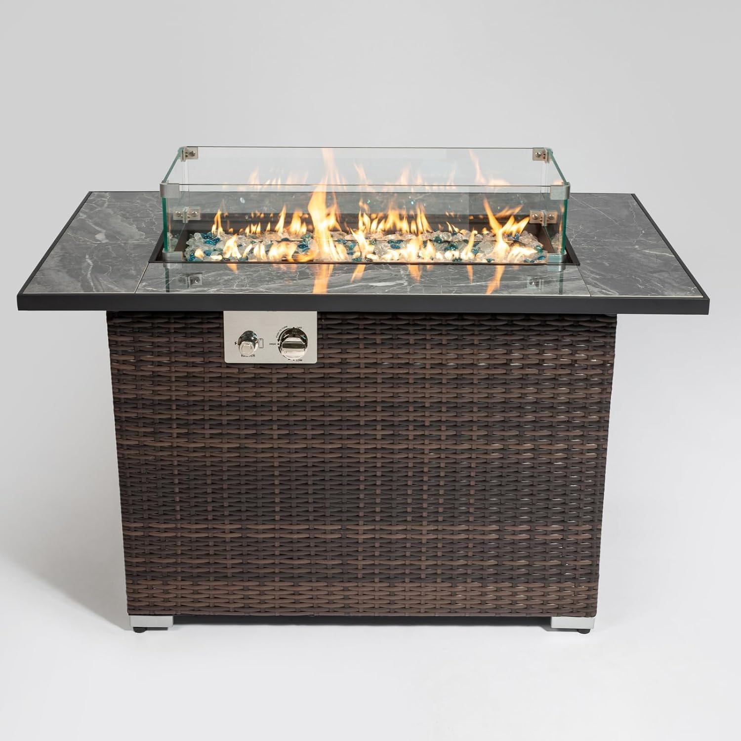 Penau 44inch Outdoor Fire Pit Table, Propane Fire Table with Ceramic Tabletop, 50000BTU Gas Fire Pit with Glass Rocks