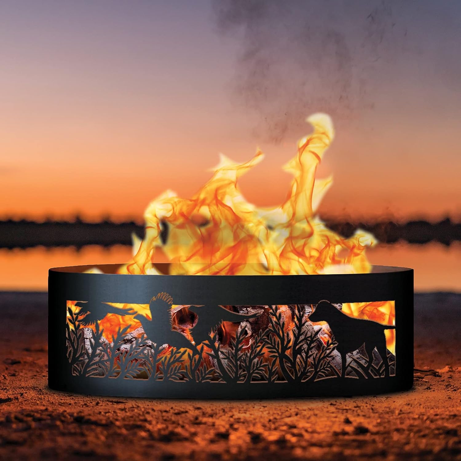 PD Metals PR00737-FP Dog N Pheasant Unpainted 12 in. Tall 37 in. Diameter Outdoor Fire Ring with Fire Poker - 37 x 37 x 12 in. - Rustic Black Color