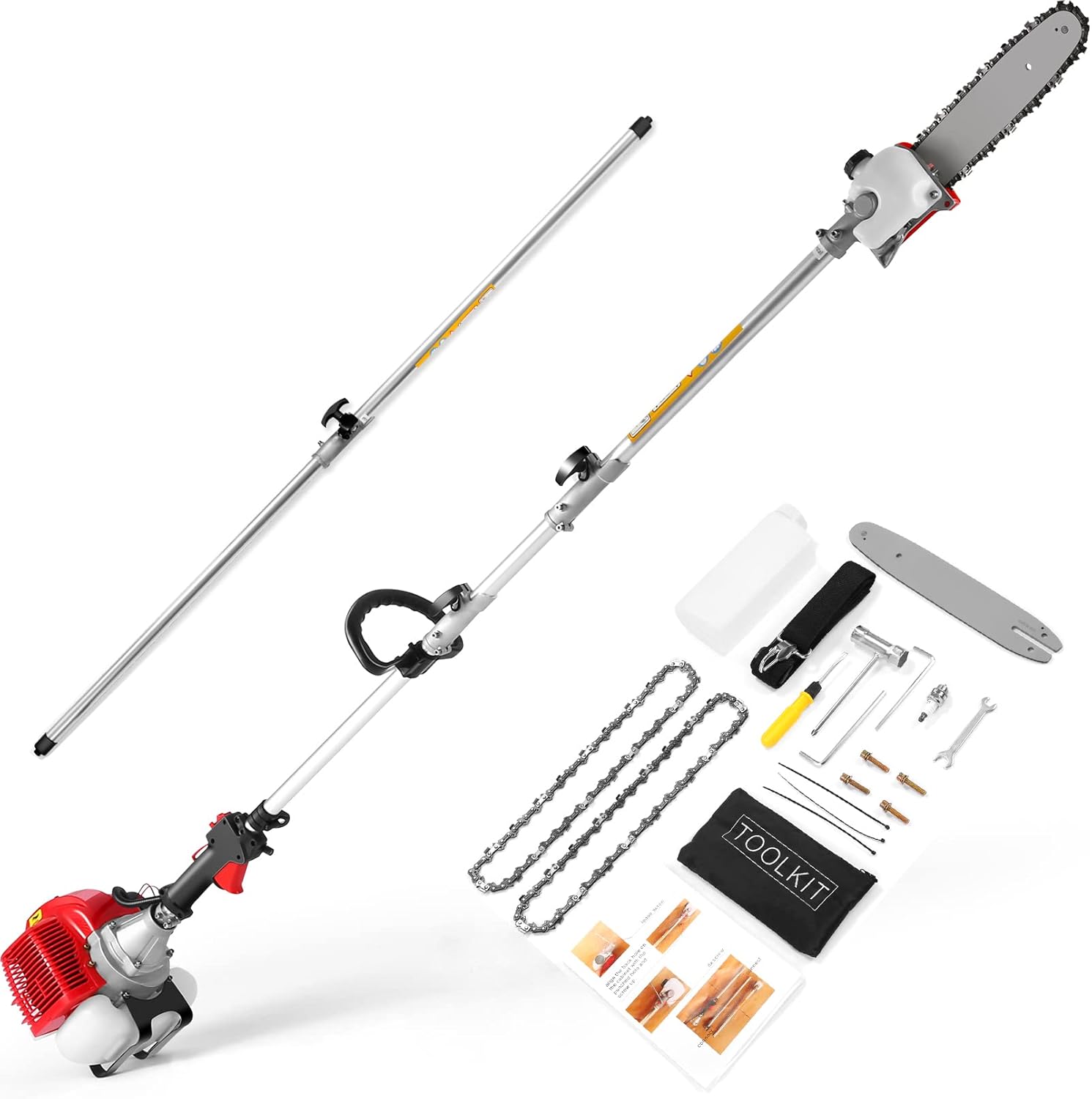58CC Pole Saw Gas Powered, 2 Cycle Pole Chainsaw Tree Trimmer, 16 FT Extendable Gas Pole Saws for Tree Trimming with 11.5 Inch Cutting Bar for Tree Pruning Branch Cutting