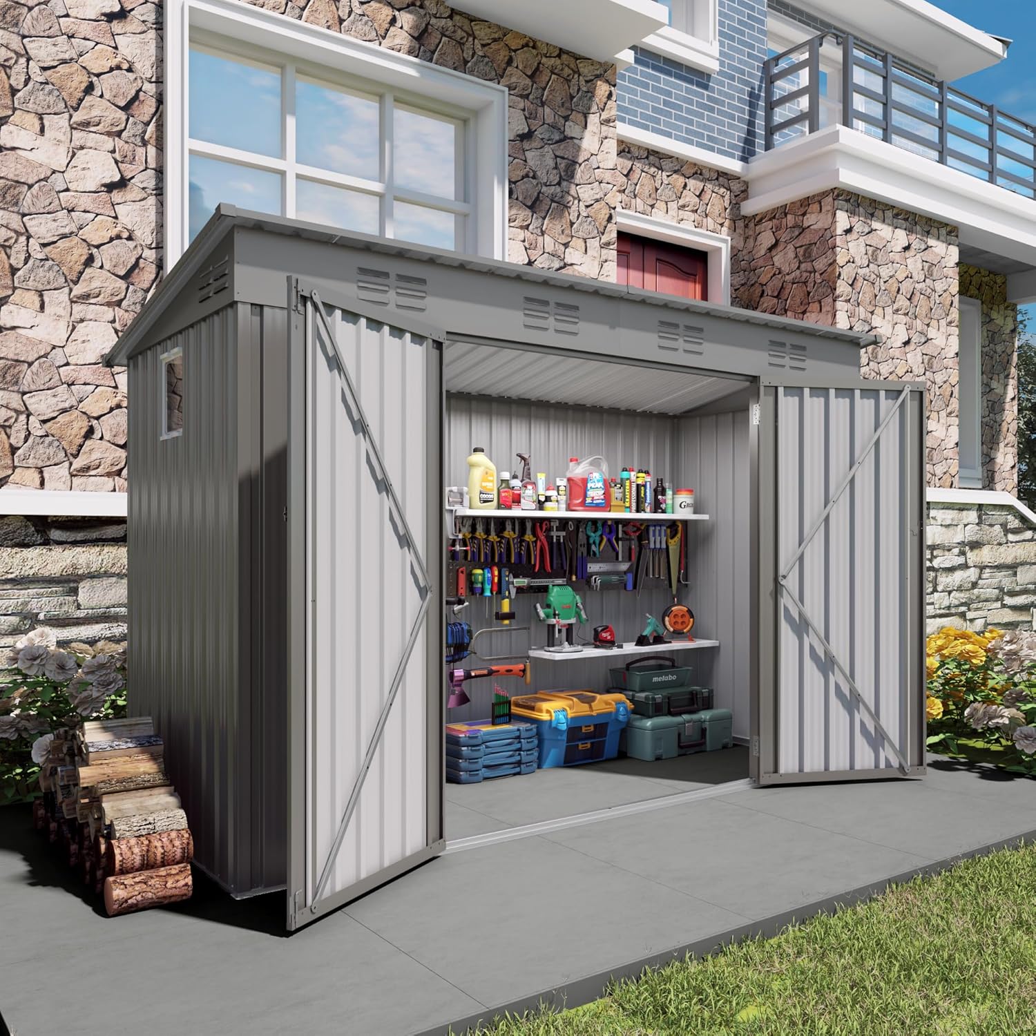 4 x 9 FT Outdoor Storage Shed, Lean-to Metal Storage Shed for Backyard Patio Garage,Sloped Roof Corner Fit, Center Sliding Double Doors, 6 Vents, Galvanized Steel Tool House, Weather-Resistant Gray