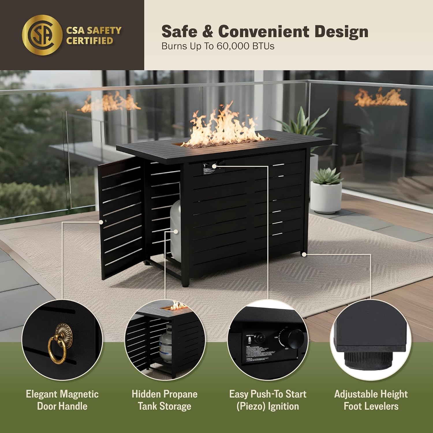 Mazatzal 42 Inch Propane Fire Pit Table, 60,000 BTU Outdoor Tabletop Fire Pit with Lid, Weather Cover, Lava Rock, Rectangular Steel Gas Fire Pit for Outside, Patio, Backyard, CSA-Certified, Black