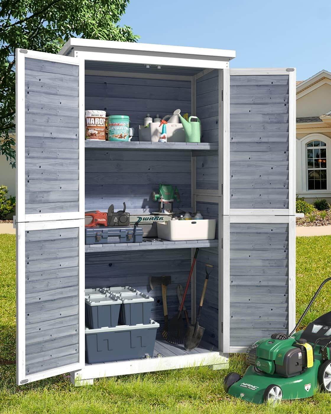 Gizoon Outdoor Storage Cabinet with 3 Shelves, Double Lockable Wooden Garden Shed with Waterproof Roof, Outside Vertical Tall Tool Shed for Yard Patio Lawn Deck-Grey