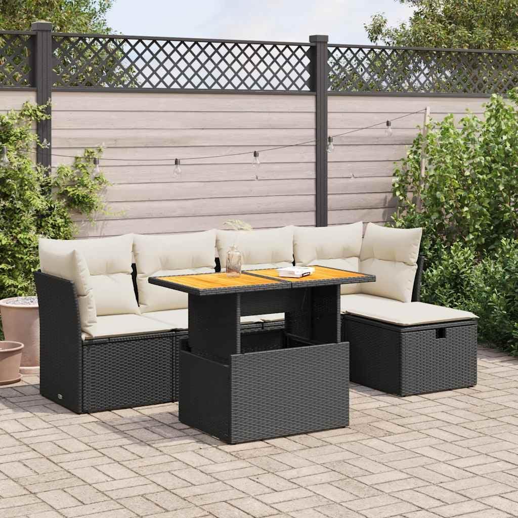 6 Piece Garden Sofa Set, Black Synthetic Rattan Patio Furniture with Cream Cushions, Outdoor Table and Chairs for Balcony, 8 Person Seating