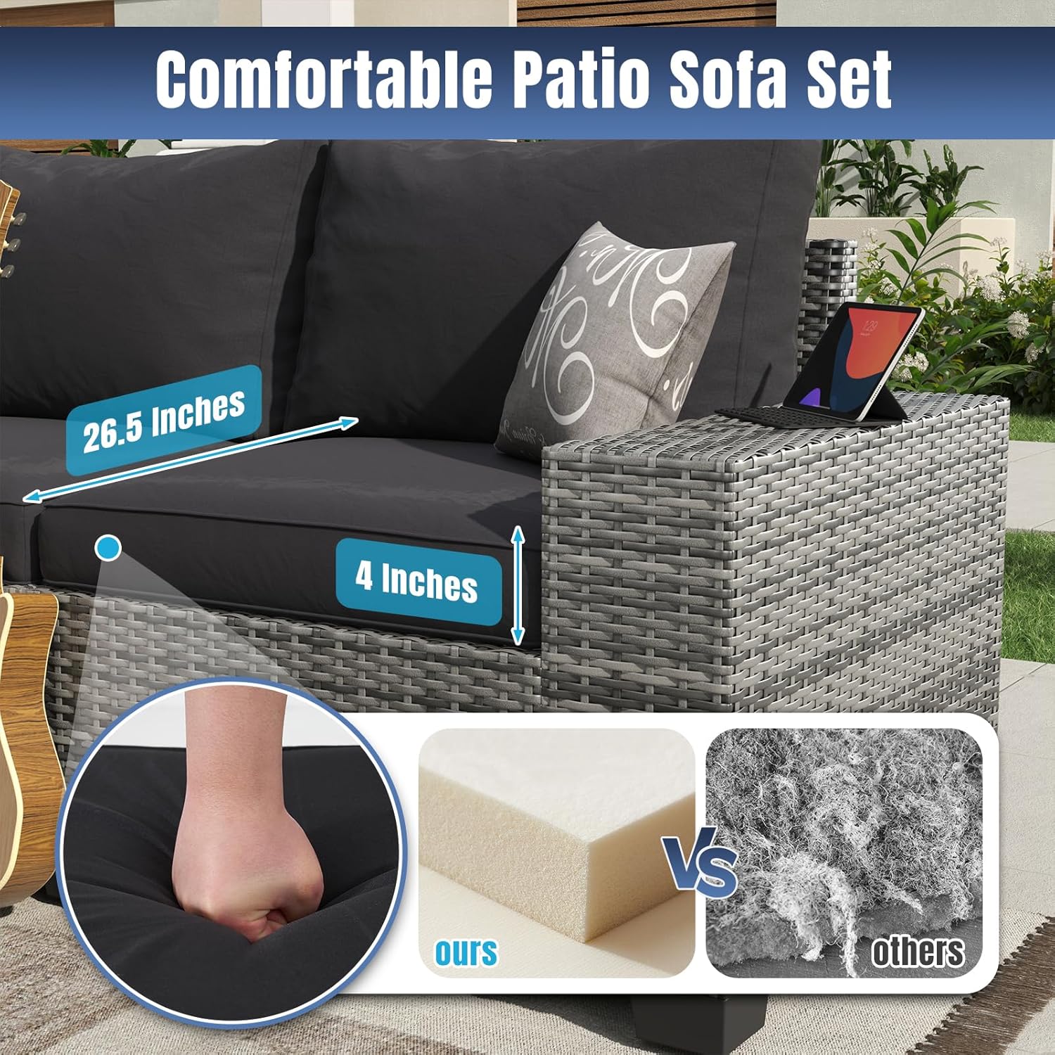 Aoxun 13 Pieces Patio Furniture Set with 44” Fire Pit Table Wicker Rattan Outdoor Sectional Conversation Set with Coffee Table and 4” Thickened Cushions, Gray/Black(Waterproof Cover Included)