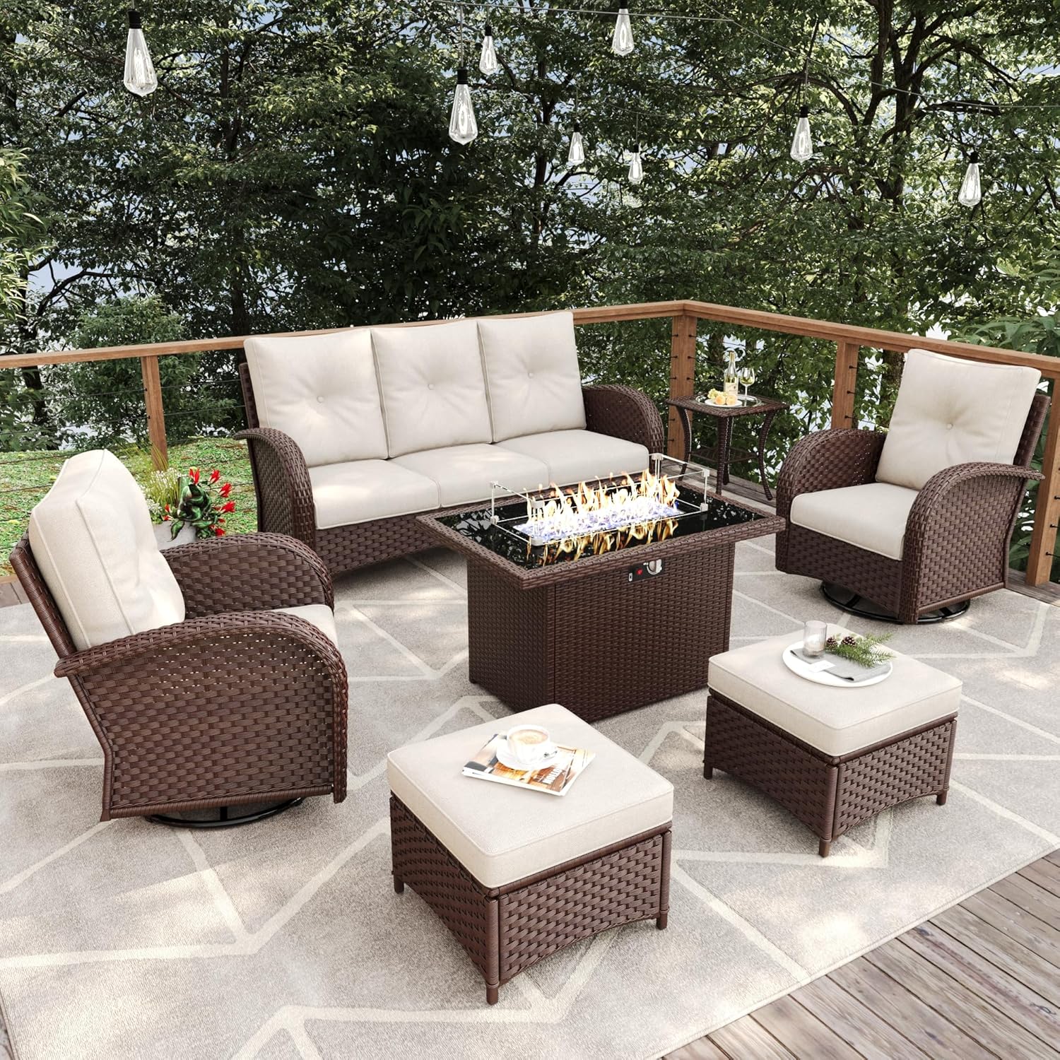 7 Pieces Patio Furniture Sets with Fire Pit Table, Wicker Rattan High Back Outdoor Swivel Rocking Chairs Set with 3-Seat Couch, Ottomans and Side Table
