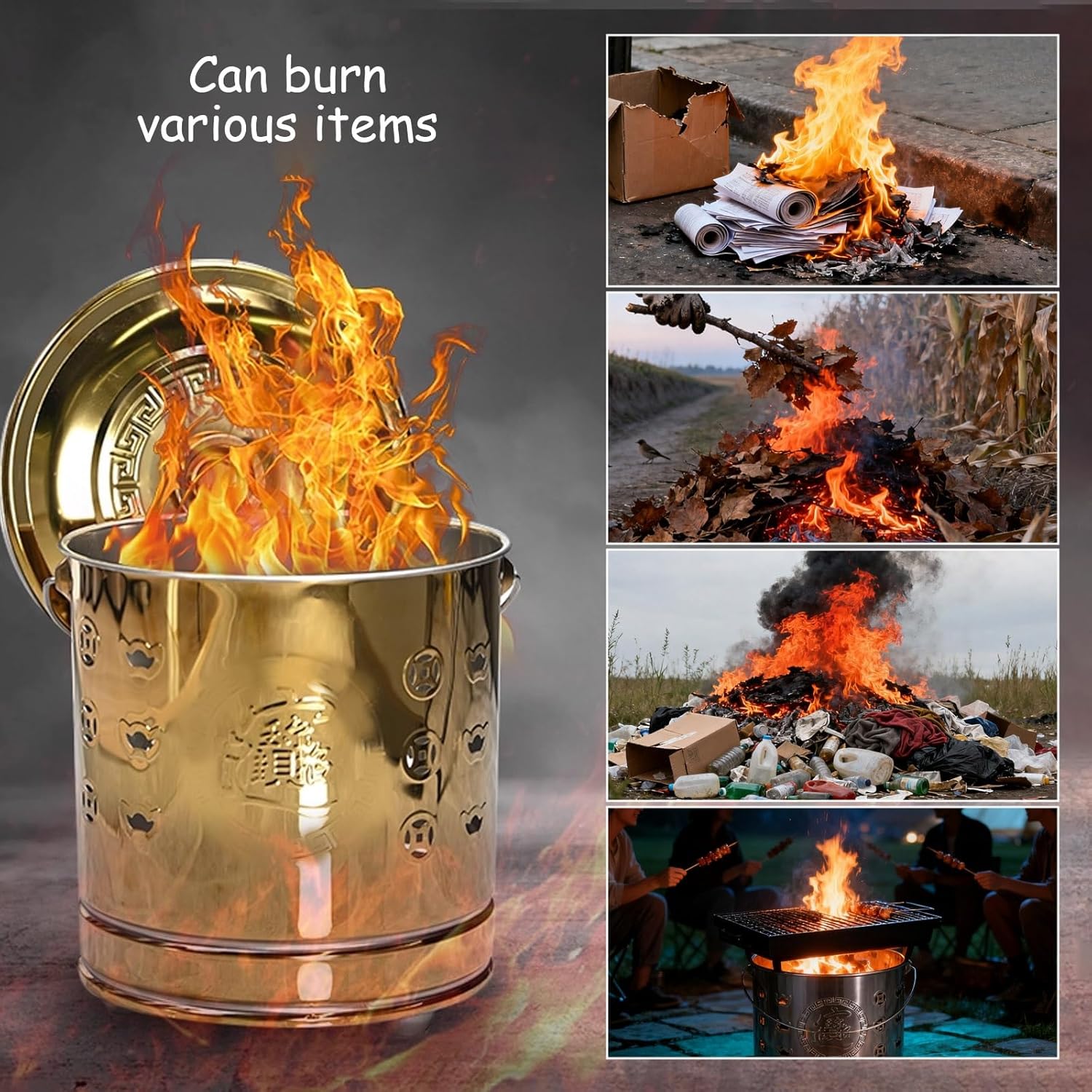 Garden Steel Burn Barrel for Outside, Hollow-Out Portable Incinerator for Leaves, Trash, Documents & Backyard Debris