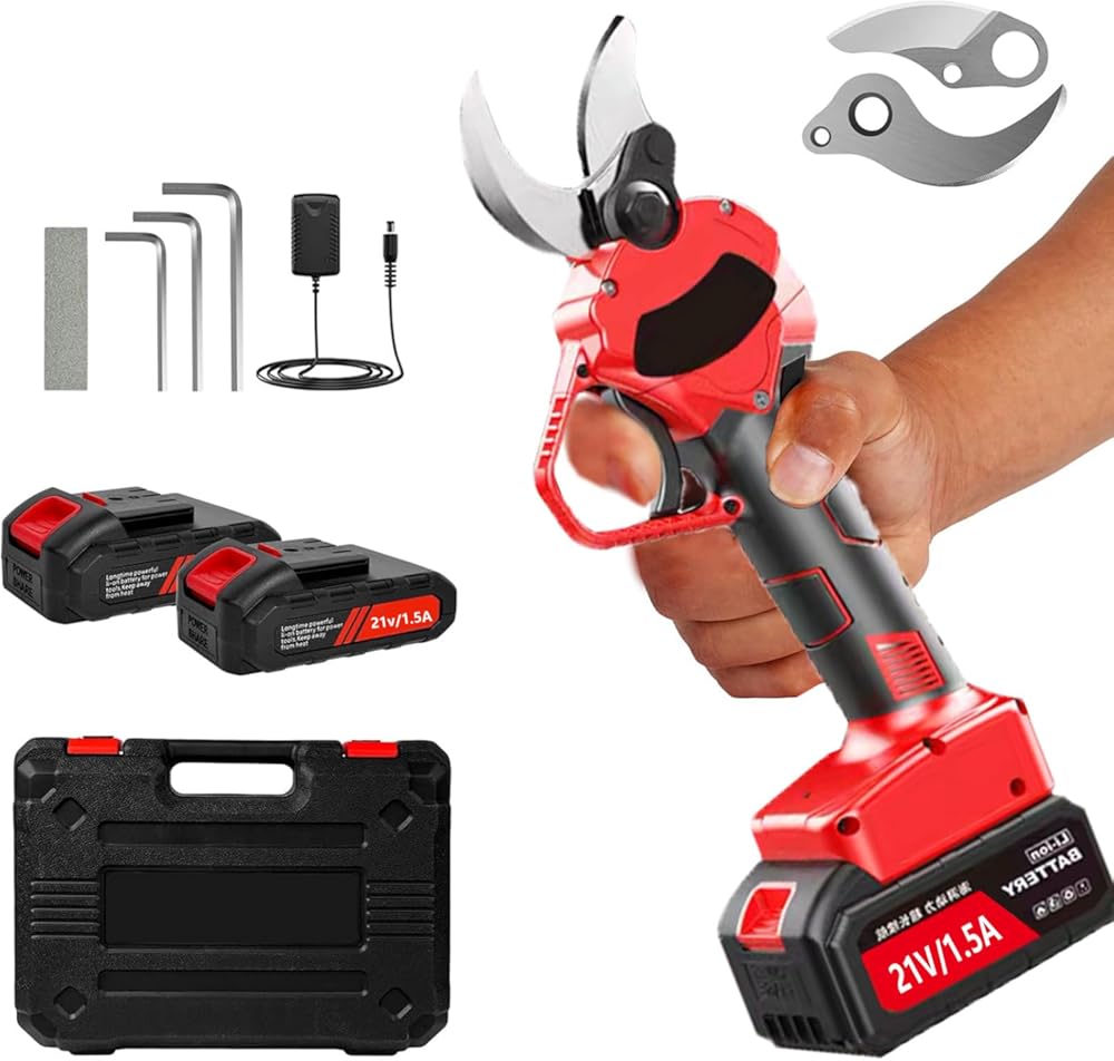 Electric Pruning Shears, 1.37'' Cutting Diameter Cordless Tree Pruner with 2 Pcs 1.5Ah Rechargeable Batteries & Replacement 2 Blade, Professional Gardening Pruner,incision 3.0-3.5cm-110V
