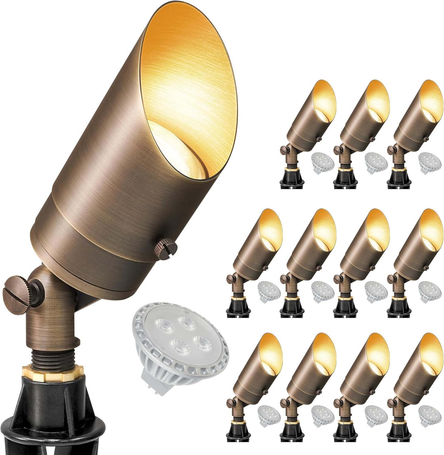 GKOLED 12 Pack Brass Landscape Spotlight, LED Low Voltage Landscape Lighting, Outdoor Adjustable Lights for Yard Wall Lawn Tree Patio Garden, Waterproof Directional Up Light with 5W MR16 Bulb