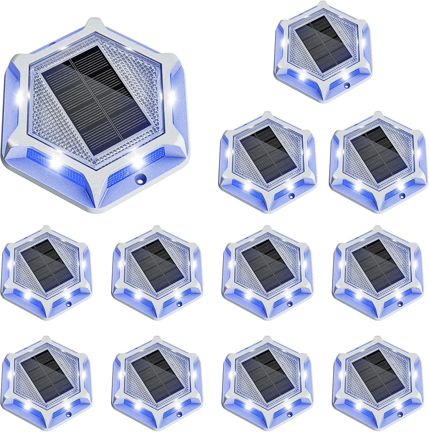 VOLISUN Solar Driveway Lights Dock Outdooor Waterproof Marker Lights,12 Pack Deck Light 2 Colors in 1 Led Wireless IP67,Solar Blue Deck Light for Driveway Sidewalk Pathway Yard(White/Blue)