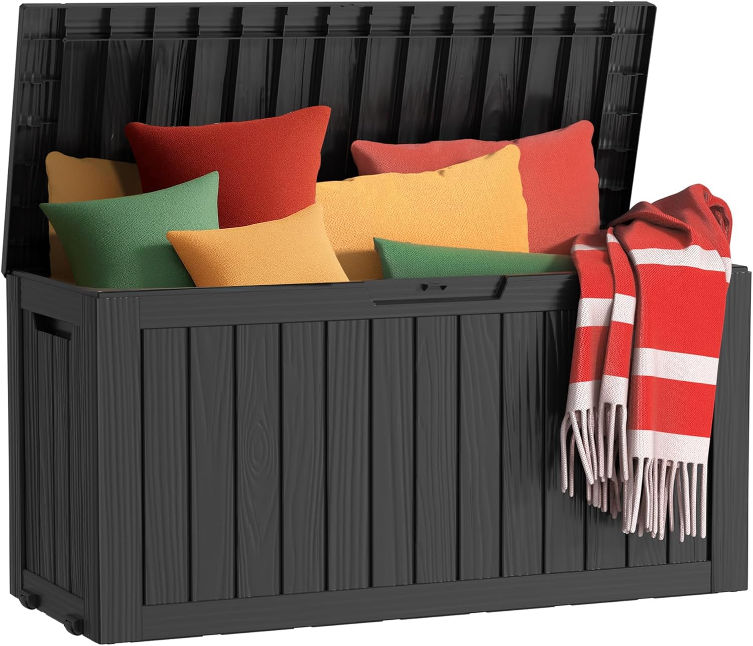 180 Gallon Waterproof Outdoor Storage Box, UV Resistant Resin Deck Box with Hydraulic Rod for Reinforced Stability, Perfect for Patio, Garden, and Pool, Striped Black