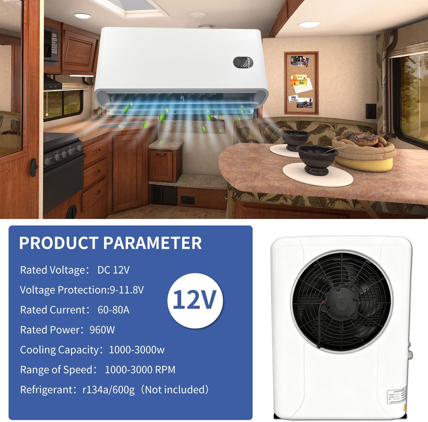 12V DC Air Conditioner Truck Air Conditioner for Rvs, Trucks, Construction Vehicles etc, Electric Split Parking A/C Silent Air Outlet Fast Cooling 10500BTU